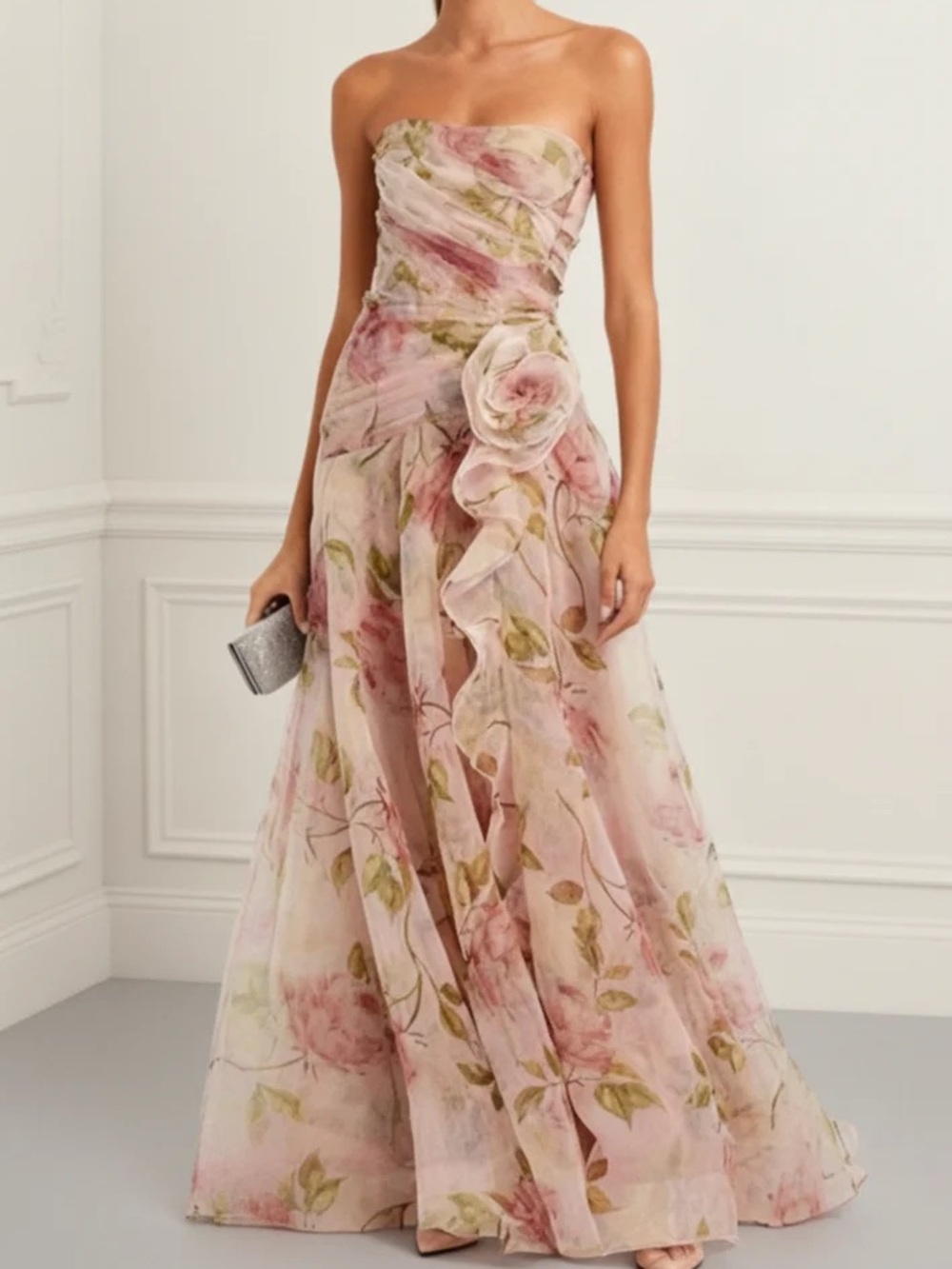 Strapless Pink Floral Evening Gown